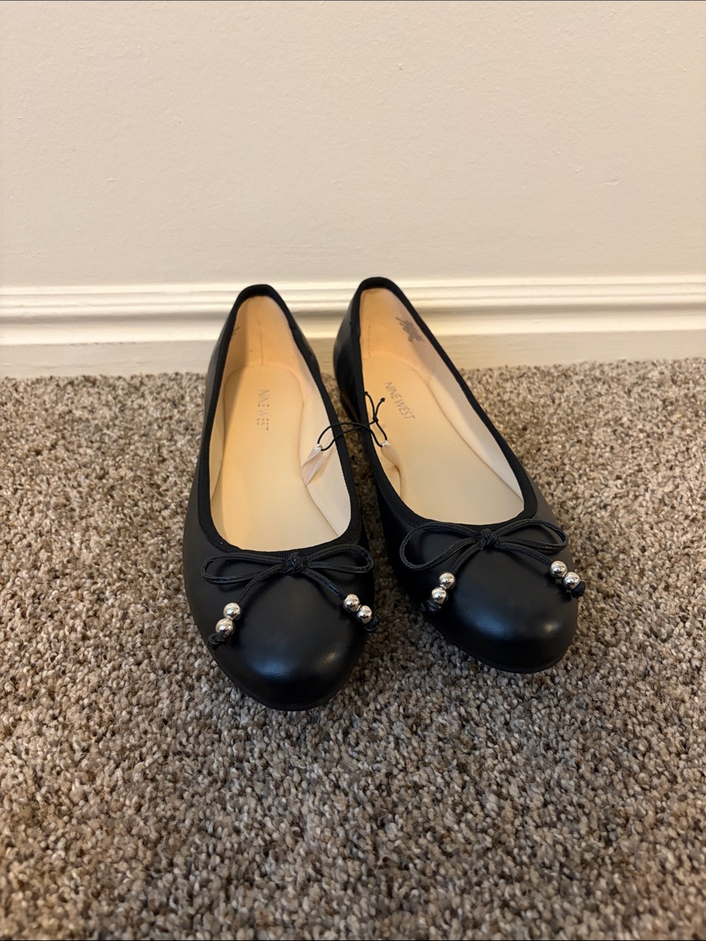 Nine West Black Ballet Flats with Bow and Pearl Bead Detail
